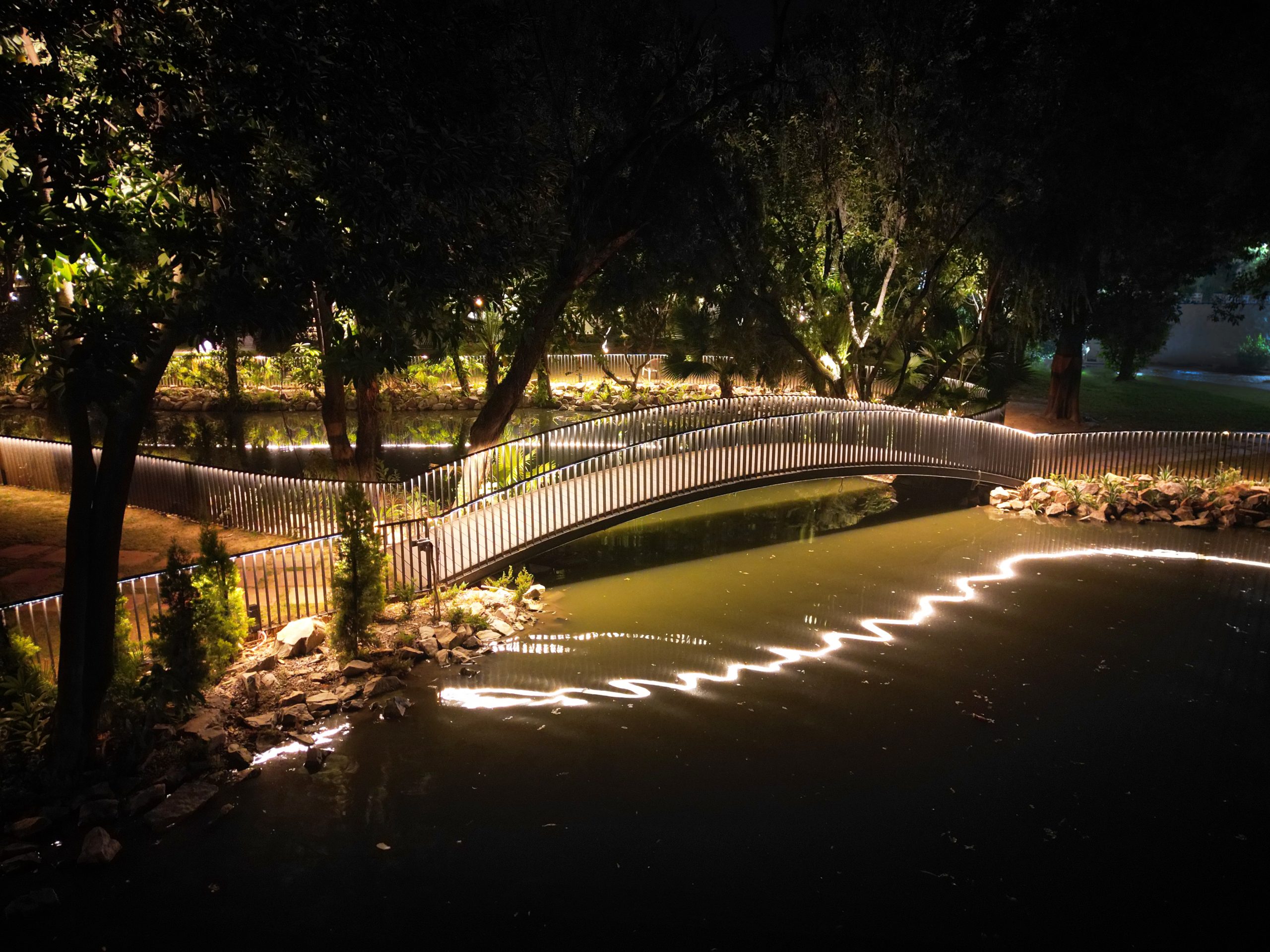 Bridge over duck pond at night time